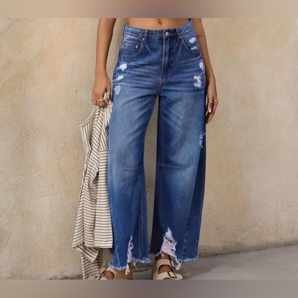 Blue Flare Wide Leg Jeans with Distressed Hem - Picture 5 of 13